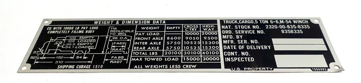 DT-190 | DT-190 M54 Truck Cargo Weight and Dimension Data Plate NEW (1).JPG