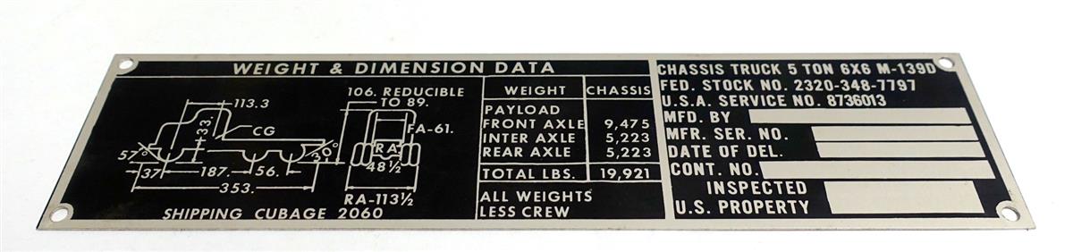 DT-204 | DT-204 M-139D Chassis Truck Weight and Dimension Data Tag NOS (1).JPG