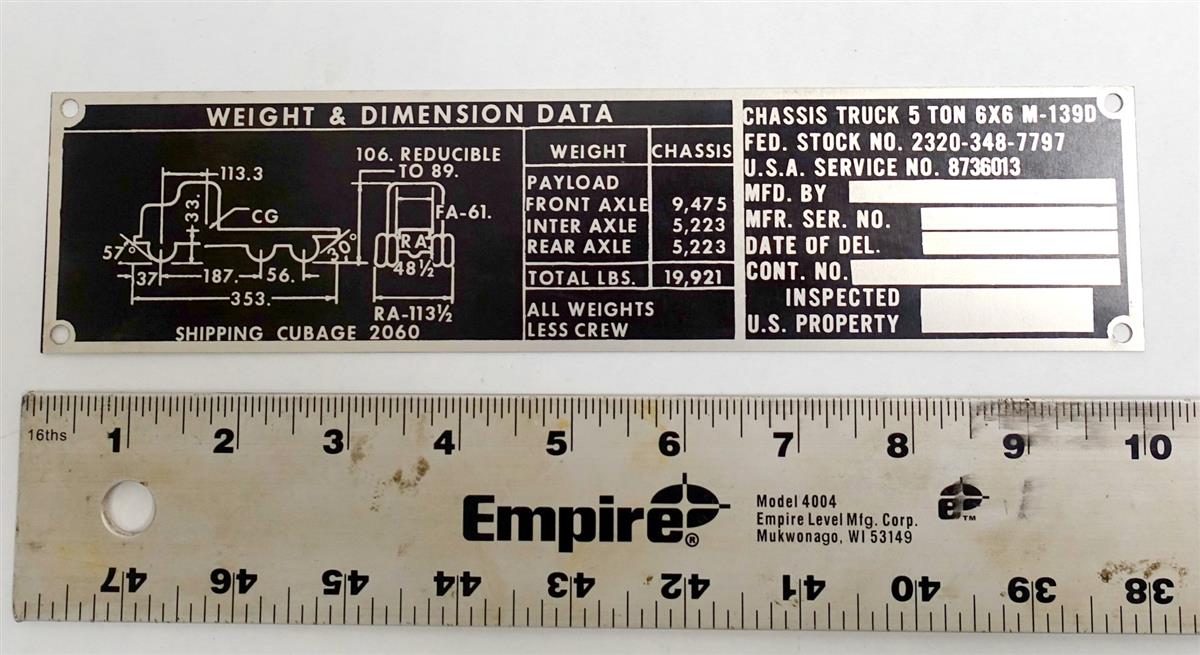 DT-204 | DT-204 M-139D Chassis Truck Weight and Dimension Data Tag NOS (2).JPG