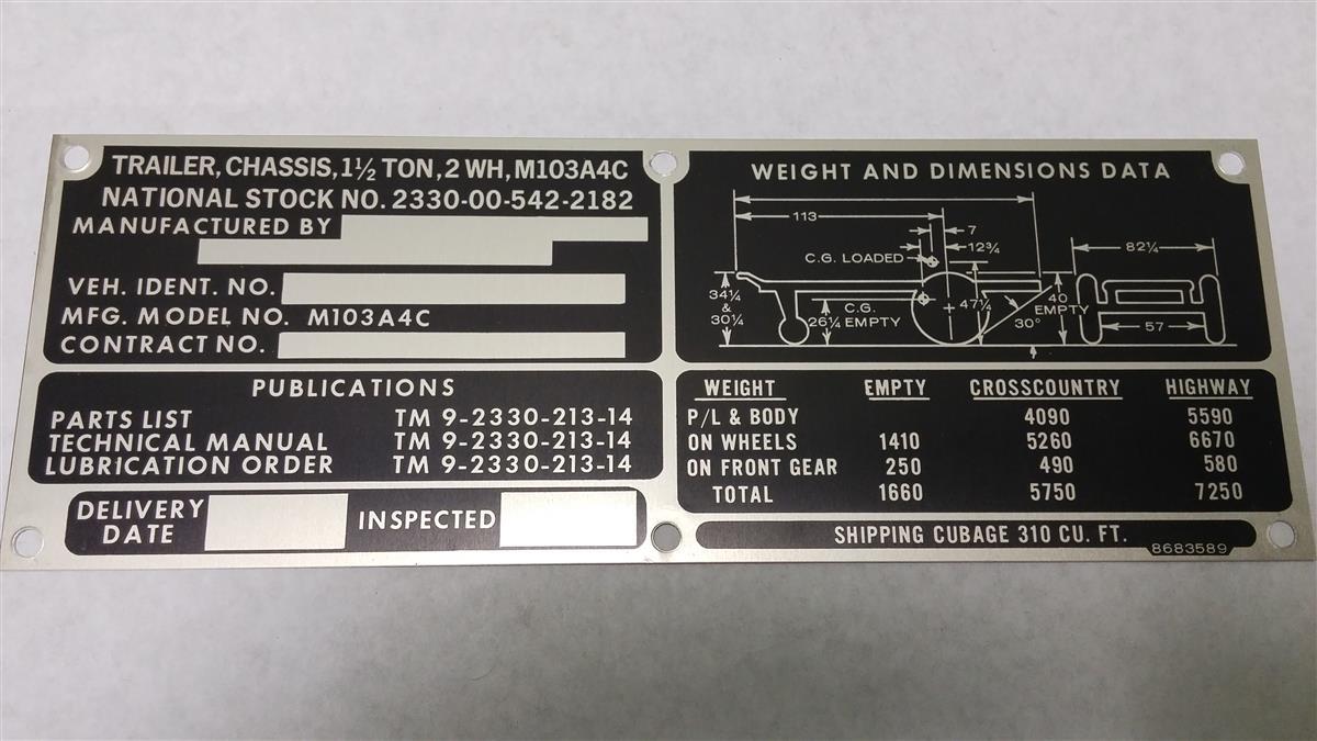 DT-217 | DT-217 M103A4C Chassis Trailer Weight and Dimension Data Tag NOS (1).jpg