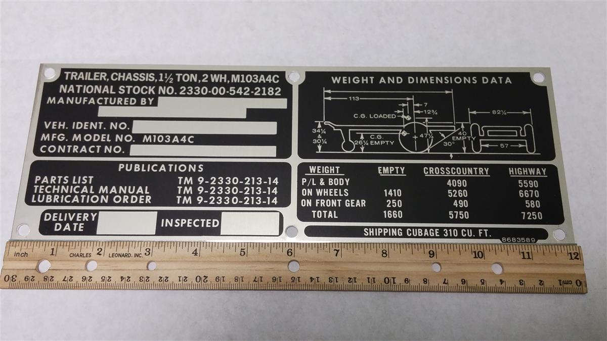 DT-217 | DT-217 M103A4C Chassis Trailer Weight and Dimension Data Tag NOS (3).jpg