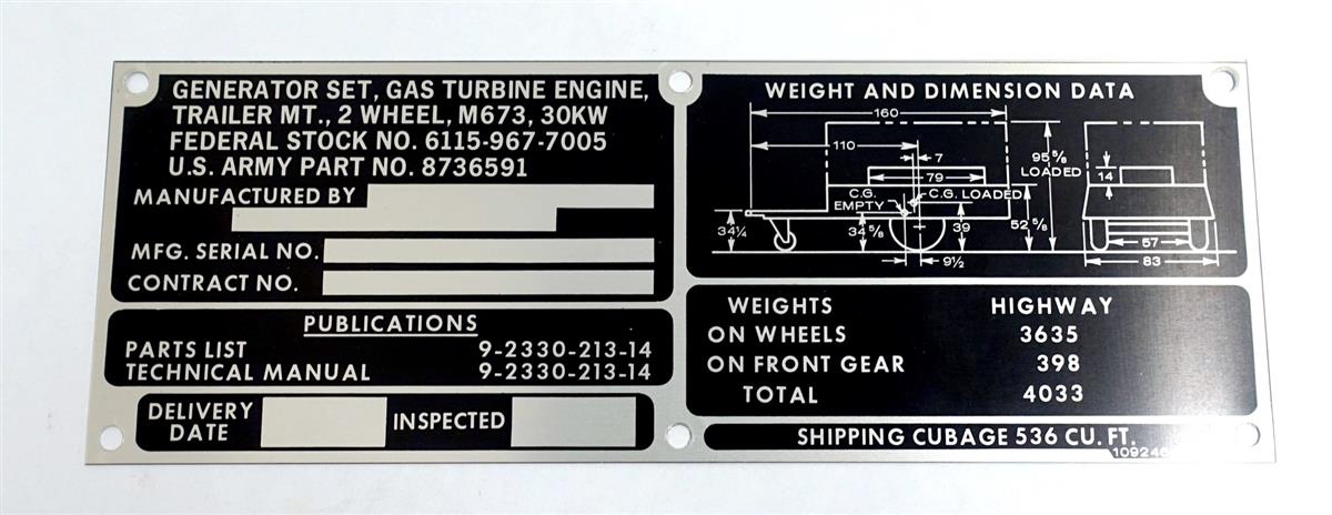 DT-430 | DT-430 M673 2 Wheel Trailer Mounted 30KW Gas Turbine Engine Data Plate NOS (4).JPG