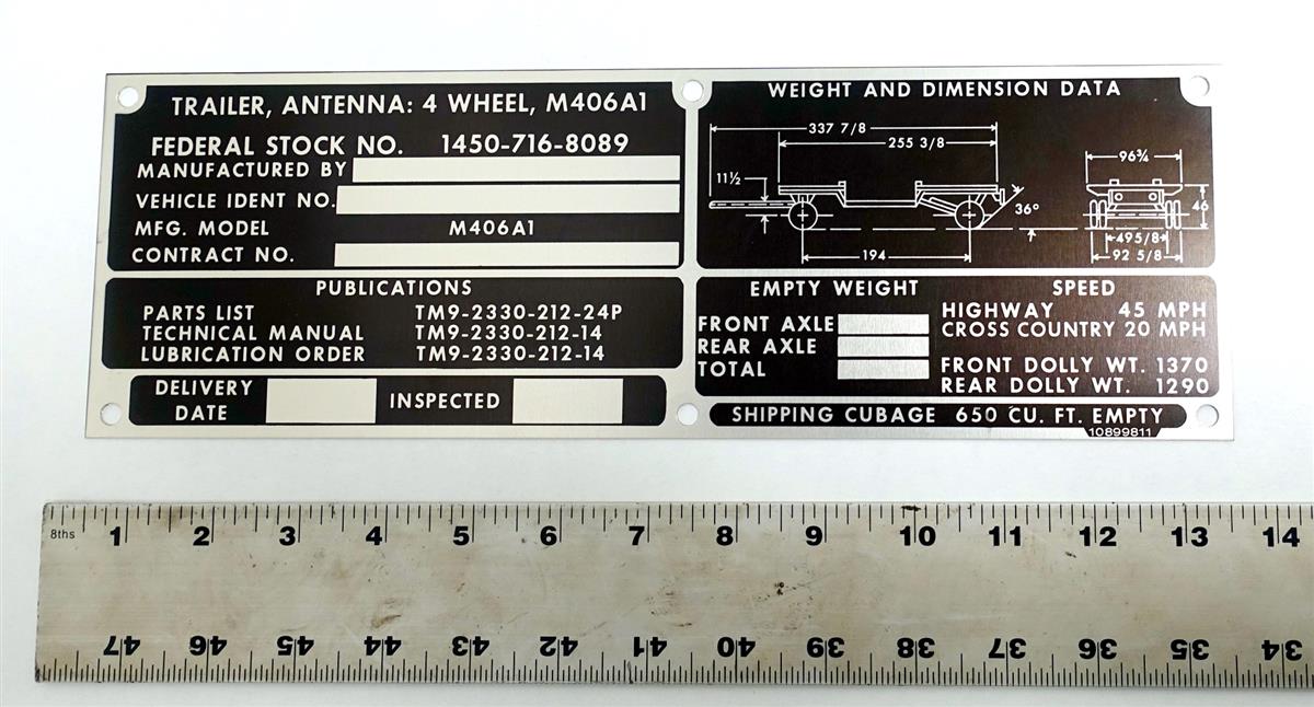 DT-431 | DT-431 M406A1 4 Wheel Antenna Trailer Data Plate NOS (2).JPG