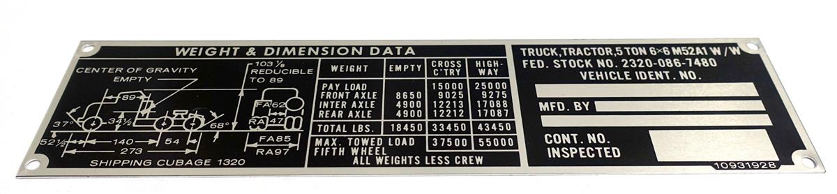 DT-435 | DT-435  M52A1Tractor Truck Weight and Dimension Data Tag NOS (1).JPG