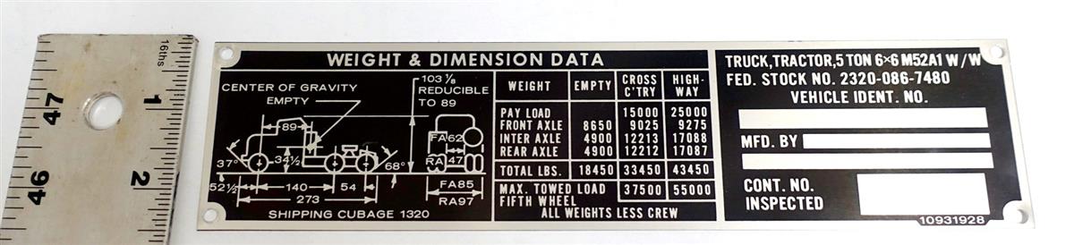 DT-435 | DT-435  M52A1Tractor Truck Weight and Dimension Data Tag NOS (3).JPG