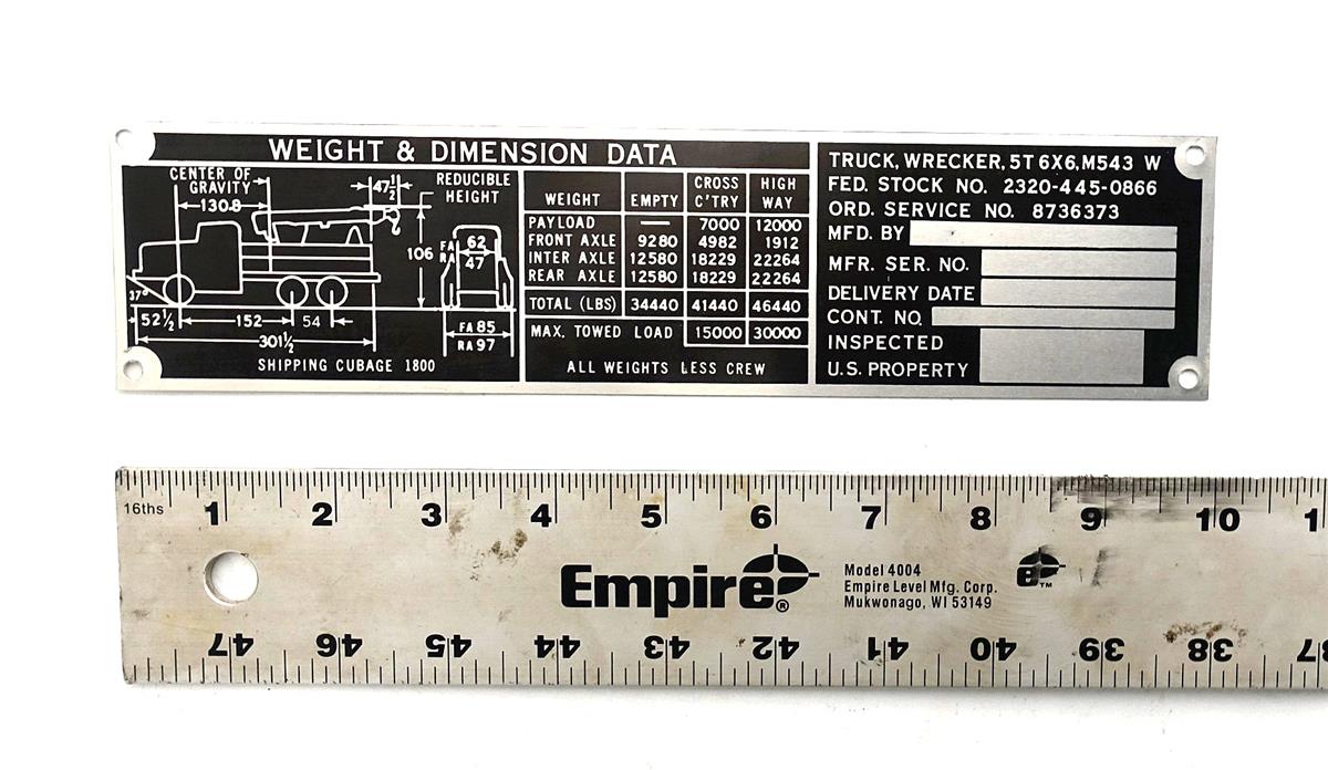 DT-436 | DT-436 M543 5 Ton Wrecker Truck Weight and Distribution Data Tag (2) (Large).JPG