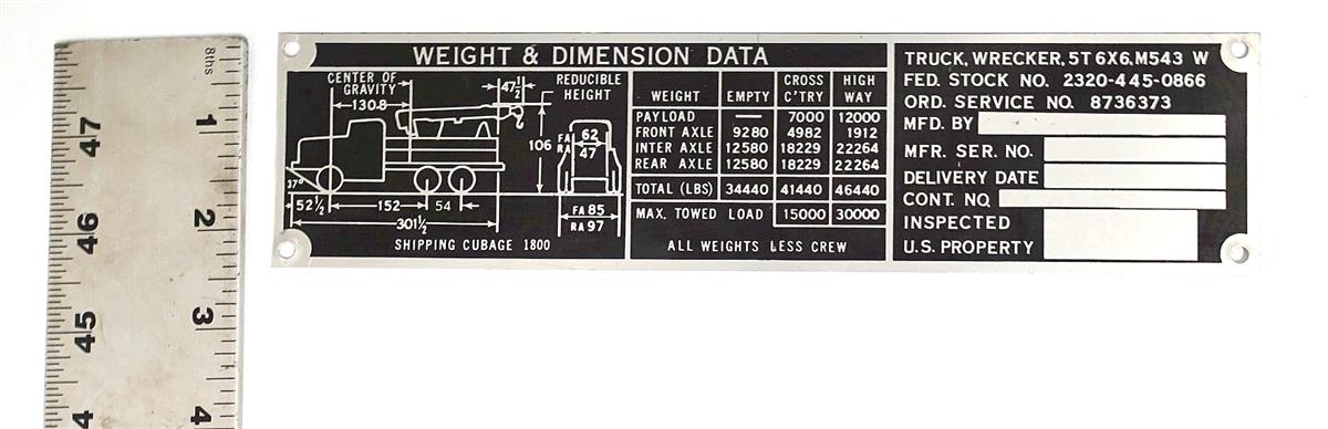 DT-436 | DT-436 M543 5 Ton Wrecker Truck Weight and Distribution Data Tag (3) (Large).JPG