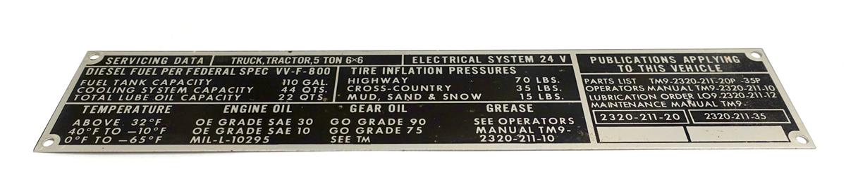 DT-438 | DT-438 5 Ton Tractor Truck 24 Volt Electrical Servicing Data Tag NOS (1).JPG