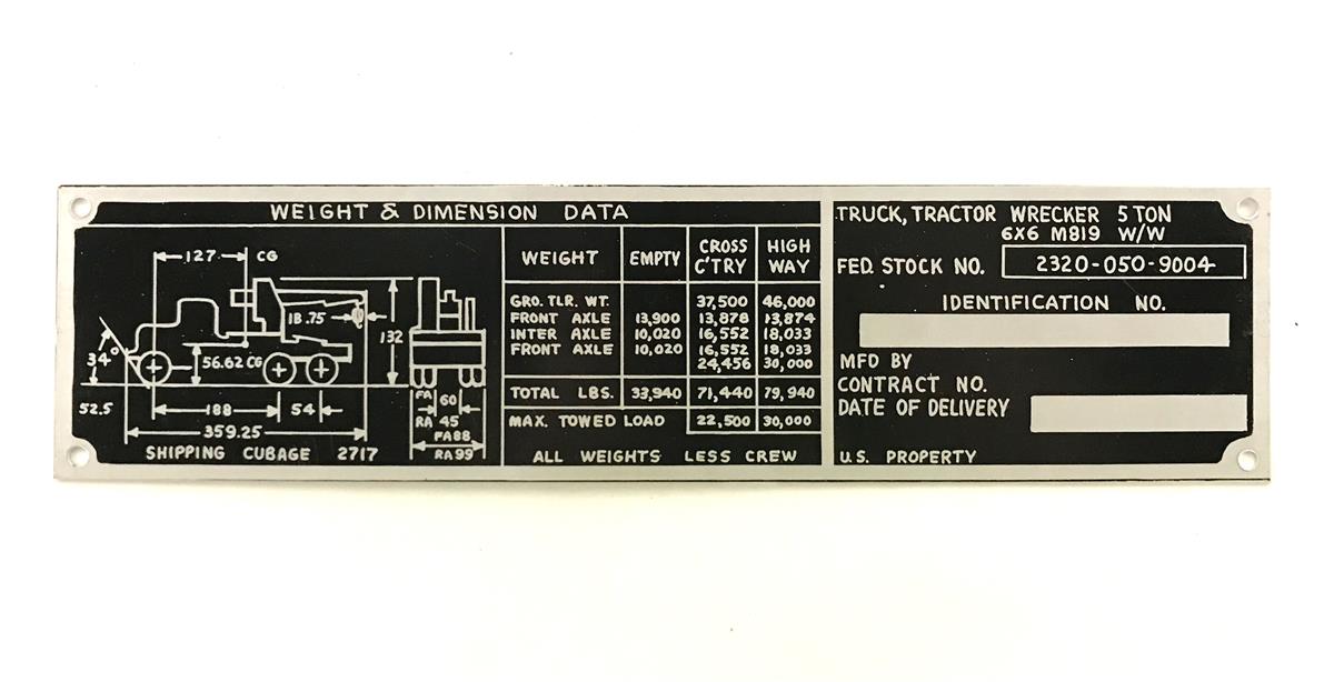 DT-494 | DT-494  M819 Tractor Wrecker Truck Weight and Dimension Data Plate (1).jpg