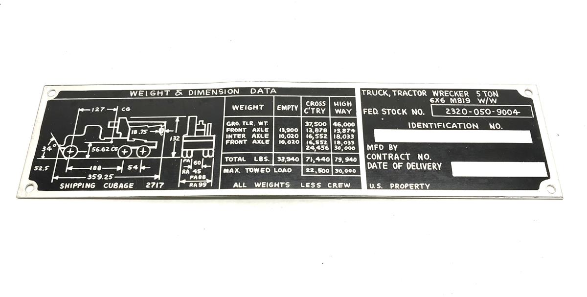 DT-494 | DT-494  M819 Tractor Wrecker Truck Weight and Dimension Data Plate (2).jpg