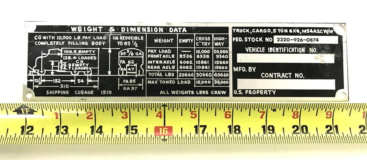 DT-524 | DT-524 M54A2C Cargo Truck Weight and Dimension Data Plate (2).jpg