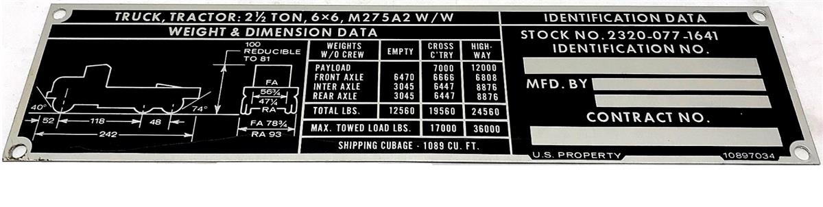 DT-557 | DT-557 M275A2 Tractor Truck Weight and Dimension Data Plate (3).jpg