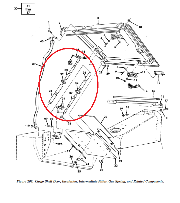 HM-497 | HM-497  HMMWV Clamshell Hard Top Rear Hatch Gas Strut Support Kit (Diagram).PNG